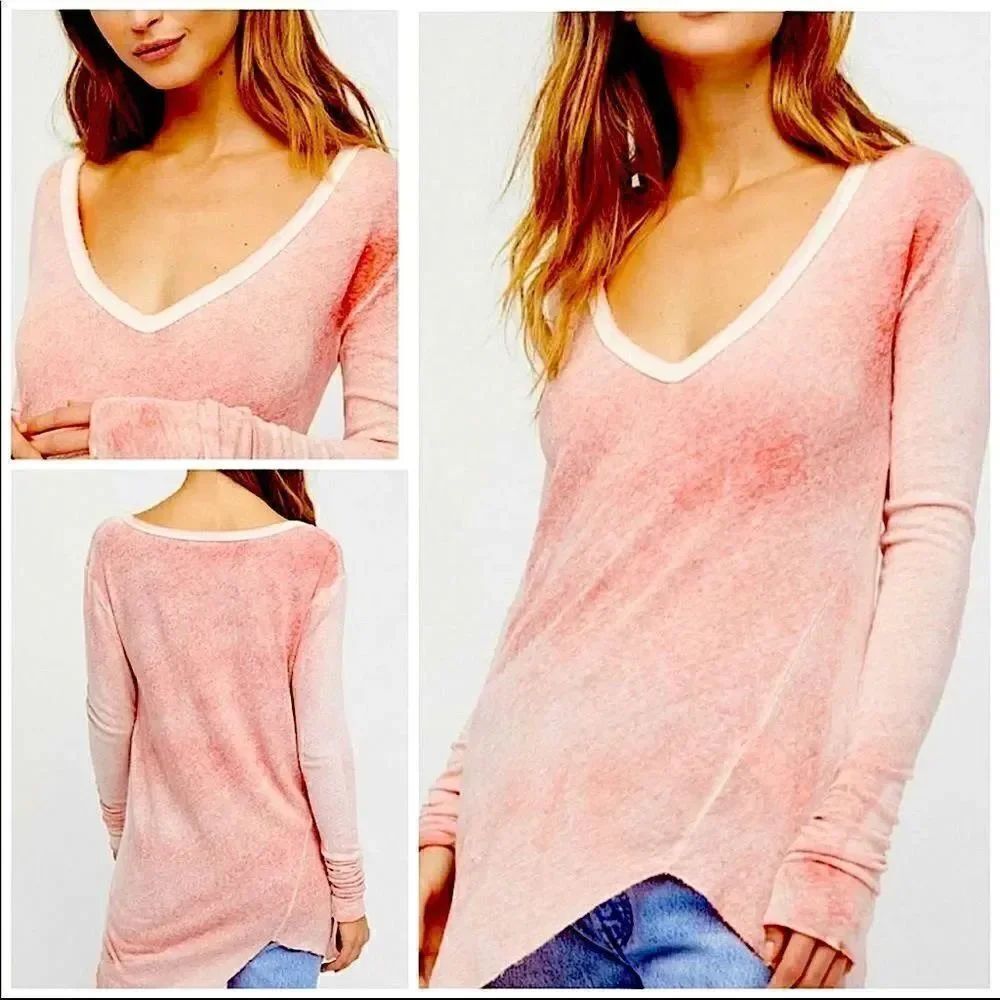 Free People We the Free Long Sleeve Peachy Salmon Color Tunic Tee NWOT Small